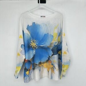 Made in Italy Women's Oversized Batwing Knit Top Blue Floral Artsy One Sz M-XL
